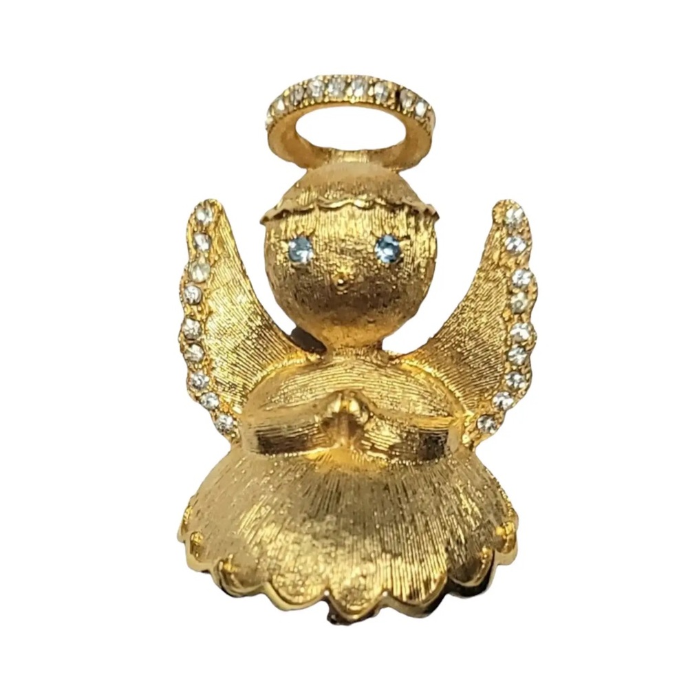 😇 Signed Brushed Gold Tone Angel Pin by ULTRA w/Clear & Green Stones, 1.5” x 1”